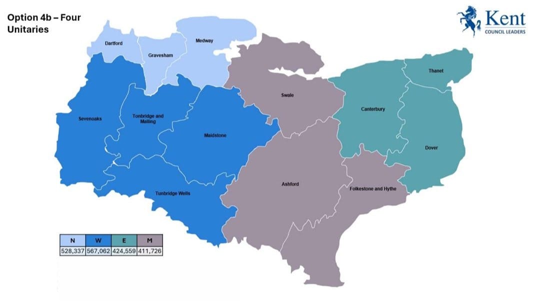 A second map of Kent showing another possibility for how it could be split. It reads as follows: Four unitary councils consisting of Dartford, Gravesham and Medway in the north; Sevenoaks, Tonbridge and Malling, Maidstone and Tunbridge Wells in the west; Swale, Ashford and Folkestone and Hythe in the middle of Kent and Canterbury, Thanet and Dover in the east. 