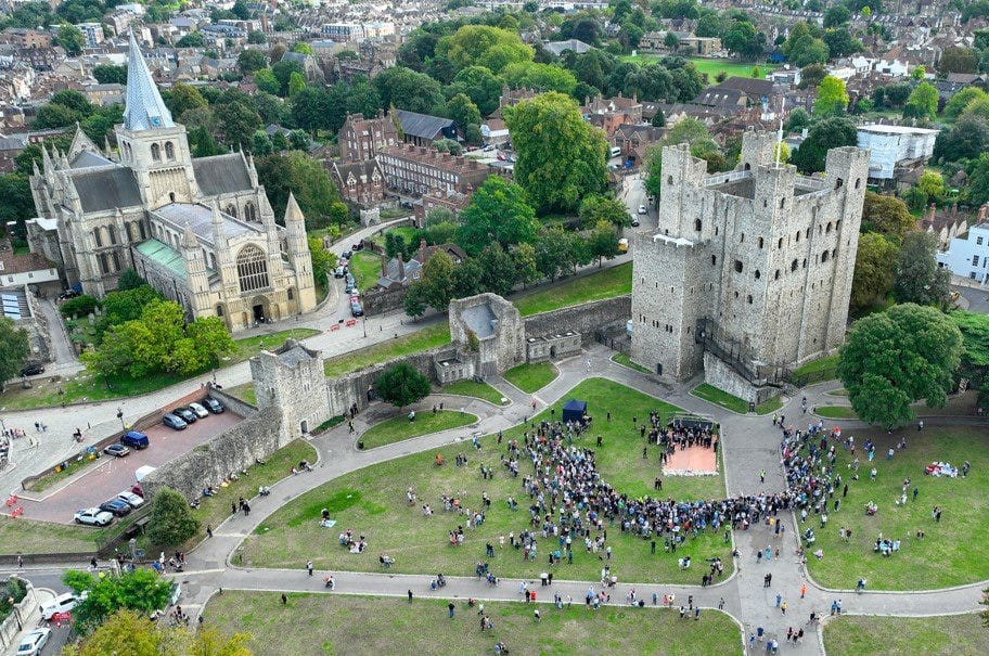 An aerial picture of Rochester Castle Gardens at the time of the proclamation