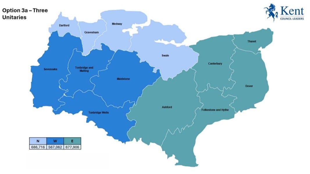 A map of Kent showing the possible make-up of councils in the future. It splits it as follows: Three unitary councils consisting of Dartford, Gravesham, Medway and Swale in the north; Sevenoaks, Tonbridge and Malling, Maidstone and Tunbridge Wells in the west and Ashford, Canterbury, Thanet, Dover and Folkestone and Hythe in the east. 